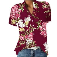 Lilgiuy ljetne majice za žene kratki rukav rever za biciklizam s tipkama za bluzu za cvijeće gumba