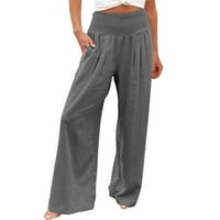 Široke pantalone za žene, žene obrezane pant plus veličine pamučna posteljina casual labava puna boja