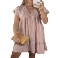 Ljetne haljine za žene Ženska modna ljetna čvrsta boja CrewNeck kratki rukav džepna haljina ružičasta